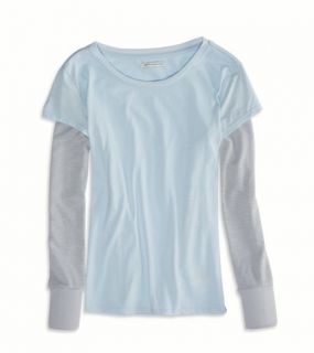 Blue AE Layered Waffle T Shirt, Womens XS