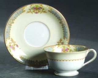 Rose (Japan) Ro72 Footed Cup & Saucer Set, Fine China Dinnerware   Blue Edge,Flo
