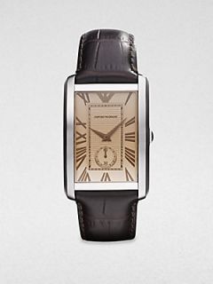 Emporio Armani Rectangular Stainless Steel Watch/Brown Crocodile Embossed Leathe