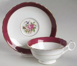 Royal Cauldon Miniver Rose Burgundy Footed Cup & Saucer Set, Fine China Dinnerwa