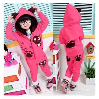Girls Pink Footprint Design Long Sleeve Sweater With Hat and Trousers Fleece Cotton Casual Suit