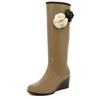 Rubber Womens Wedge Heel Rain Boot Mid Calf Boots With Flower(More Colors)