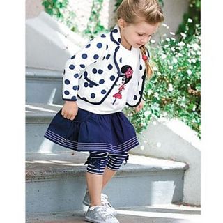 Girls Round Collar Long Sleeve T shirts and White Blue Dot Coat and Striped Leggings Mini Skirt 3Pcs Cotton Suit