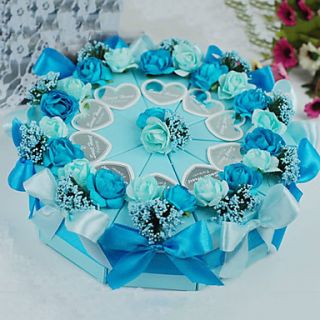 Blue Pyramid Cake Favor Box with Flower and Bow   Set of 10