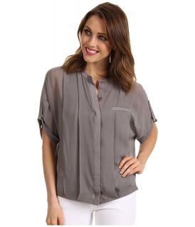 Halston Heritage Short Sleeve Button Front Detail Bubble Hem Top Womens Short Sleeve Button Up (Olive)