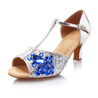 Womens Amazing Sparkling Glitter Blue Rhinestone Color T Strap Ballroom Latin Dance Shoes Dandals