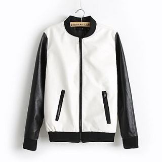 Womens Collarless Casual Patchwork PU Leather Baseball Jackets