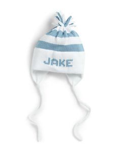 MJK Knits Personalized Infants & Little Boys Striped Ear Flap Hat/Blue   Light