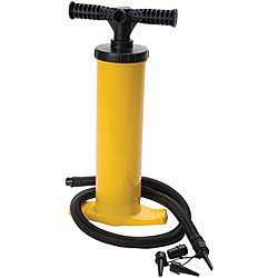 Watercraft Yellow Hand Pump (YellowIdeal for use on large inflatable watercraftPumps air on both the up and down strokeSturdy, noncorrosive plastic constructionComfortable handles for easy strokesTextured base for non slip supportPush in hose to pump conn