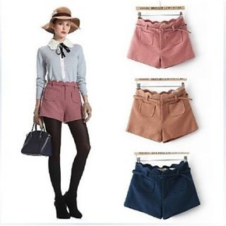 Womens Fashion Woolen Winter Thick Slim Short Pants with Belt