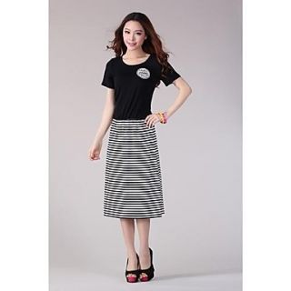 Womens Plus Size Stripe Round Collar Short Sleeve Dresses