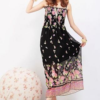 Womens Korean Style Floral Print Strap Long Dress