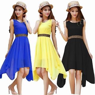 Womens Summer Solid Color Chiffon Sleeveless One piece Dress