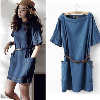 Womens Round Neck Short Sleeves Plus Size Denim Pockets Casual Dress with Belt