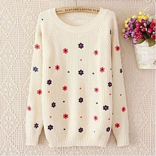 Women New Cute Little Daisy Embroidered Round Neck Knit Sweater