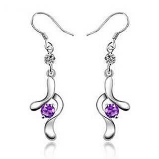 Elegant Silver Plated Silver With Purple Cubic Zirconia Ribbon Drop Womens Earring