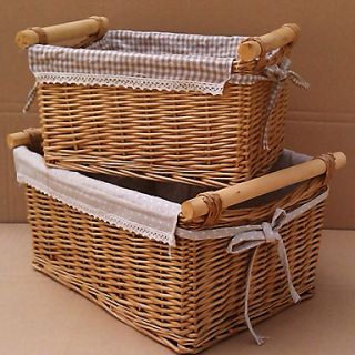 Brown and White Lattices French Country Handmade Wicker Storage Basket With Two Handles   One Piece
