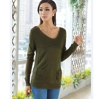 Womens V Collar Long Sleeve Pocket Simple Slim Knitted Sweater