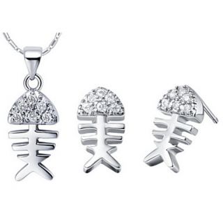 Cute Silver Plated Silver With Cubic Zirconia Fish Bone Womens Jewelry Set(Including Necklace,Earrings)