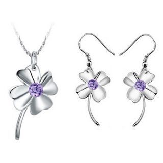 Classic Silver Plated Silver With Purple Cubic Zirconia Clover Womens Jewelry Set(Including Necklace,Earrings)