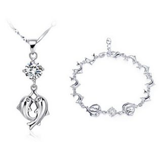 Sweet Silver Plated Silver With Cubic Zirconia Kissing Dolphins Womens Jewelry Set(Including Necklace,Bracelet)