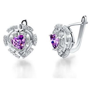 Special Silver Plated Silver With Purple Cubic Zirconia Heart Shape Womens Earring