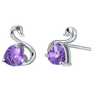 Elegant Silver Plated Silver With Purple Cubic Zirconia Swan Womens Earring