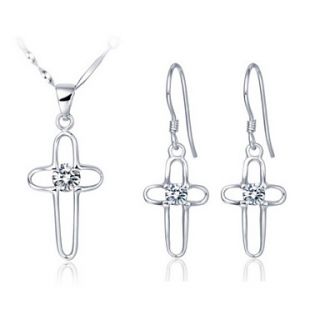Fashion Silver Plated Silver With Cubic Zirconia Pierced Cross Womens Jewelry Set(Including Necklace,Earrings)