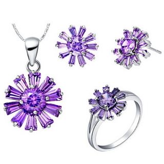 Shining Silver Plated Silver With Cubic Zirconia Flower Womens Jewelry Set(Including Necklace,Earrings,Ring)