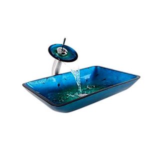 Victory Rectangular Blue Tempered glass Vessel Sink and Waterfall Faucet(0917 VT4032)