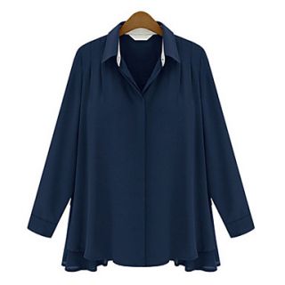 WeiMeiJia Womens Simple Lapel Loose Long Sleeve Shirt(Navy Blue,White)