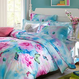 Duvet Cover Set,4 Piece Reactive Print Silky Country Botanical Floral Butterfly