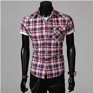 Mens Casual Fashion Stand Collar Short Sleeve Plaids Shirt
