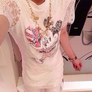 Womens New Sweet Lace Outer Mickey Cartoon Print T Shirt