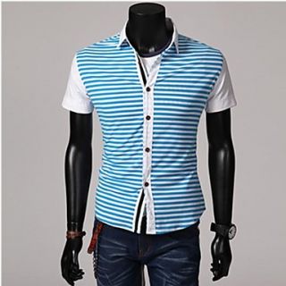 Mens Casual Fashion Stand Collar Short Sleeve Stripe Shirt