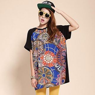 Large Size Womens Foreign Trade Pattern Retro Spell Color Loose T shirt large Version of the Type