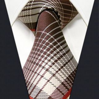 Mens Business Silk Check Pattern Brown Necktie