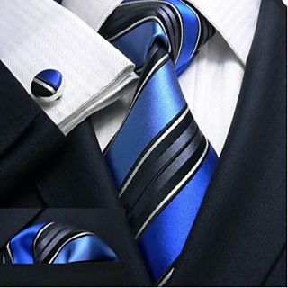 Mens Landisun Black Blue Stripes Silk Tie Set Tie Hanky Cufflinks Landisun Exclusive