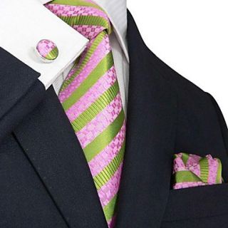 Mens Landisun Pinks Green Stripes Silk Necktie Set Tie Hanky Cufflinks Landisun Exclusive