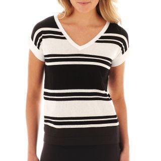 LIZ CLAIBORNE Short Sleeve Sweater, Black/White, Womens