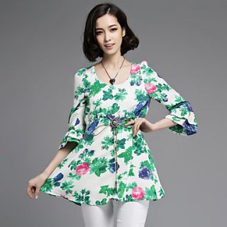 ZJ Womens 3/4 Sleeve High Waist Bodycon Floral Print Green Dress
