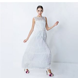 YIGOUXIANG Womens Lace Silk Waist Sleeveless Long Dress(White)