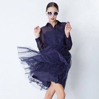 YIGOUXIANG Womens Fashion Silk Perspective Large Swing Mesh Lace Dress(Navy Blue)