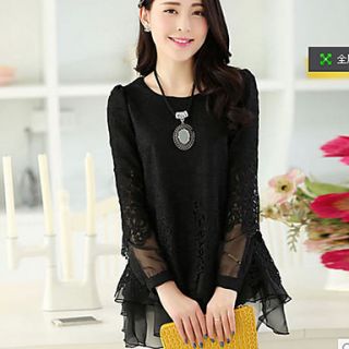 Loongzy Womens Bodycon Lace Long Sleeve Round Neck Black Shirt