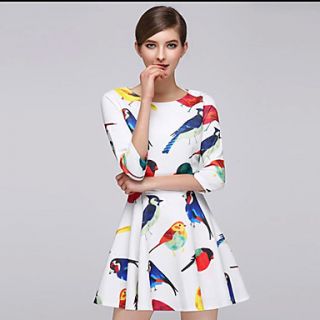 Loongzy Womens Round Neck Floral Print 3/4 Sleeve White Dress