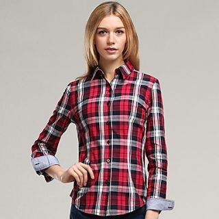 Veri Gude Womens Scottish Plaid Bodycon Long Sleeve 101% Cotton Red Shirt