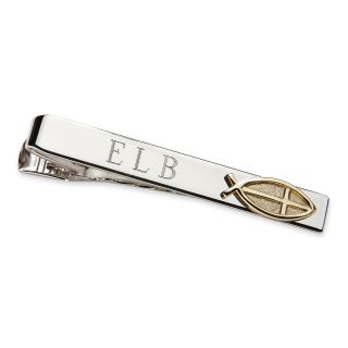 Personalized Tie Bar w/ Gold Tone Christian Fish, Silver, Mens