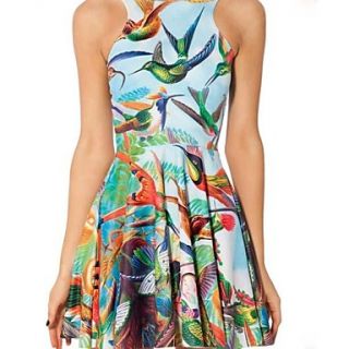 Womens Round Collar Birds Pattern Print Sleevless Dress