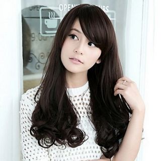 High Quality Synthetic Capless Long Wave Darkest Brown Side Bang Wigs