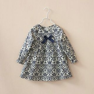 Girls Round Neck Pleated at Front and Flower Print 3/4 Sleeve Blouses